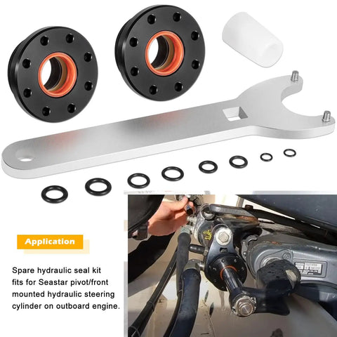 Hydraulic Steering Cylinder Seal Kit With Pin Wrench HS5157 for marine boats, includes wrench, seals, and rings.