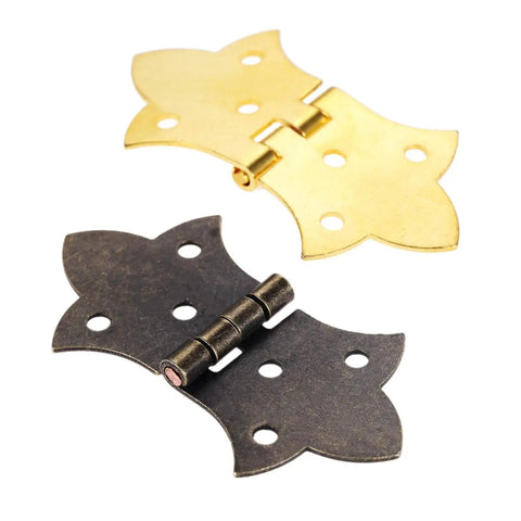 Antique Bronze Flower Hinges Set, 2 Pack Iron Cabinet And Door Hinges With 6 Holes, shown in folded and open positions