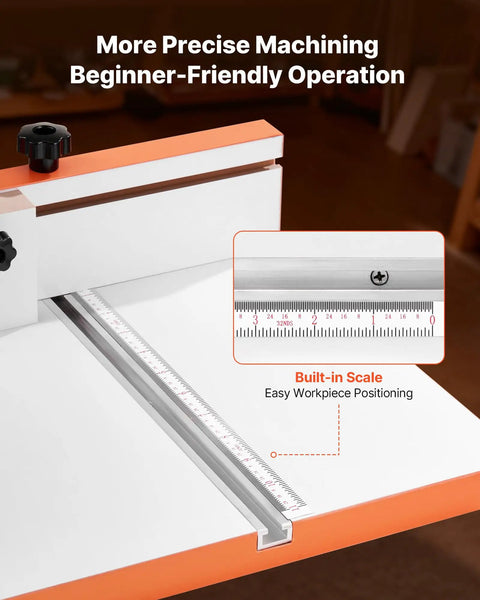 Close-up of built-in scale on Rock Solid Drill Press Table With Adjustable Fence and Wide T Slots for locking down projects.