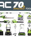 Selection of various green and black outdoor tools including mowers, chainsaws, and blowers under 'AC 70 Available Tools' banner.