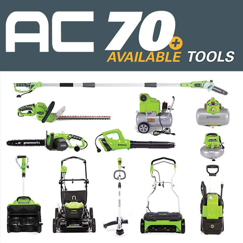 Selection of various green and black outdoor tools including mowers, chainsaws, and blowers under 'AC 70 Available Tools' banner.
