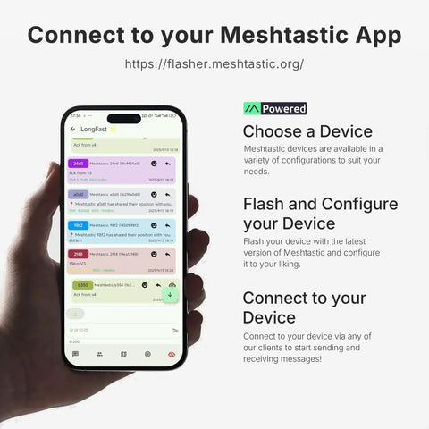 Smartphone displaying Meshtastic app interface with hand holding the device, text instructions for device configuration visible.