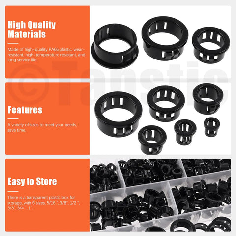 All-Purpose Cable Snap Bushing Kit 170-Piece Set In Six Sizes From 5/16 To 1 Inch Black Nylon Grommets on display
