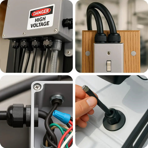 One Half Inch NPT Strain Relief Nylon Cord Grip Cable Glands Black Plastic Grommet 100 Pack in electrical panels and junction boxes.