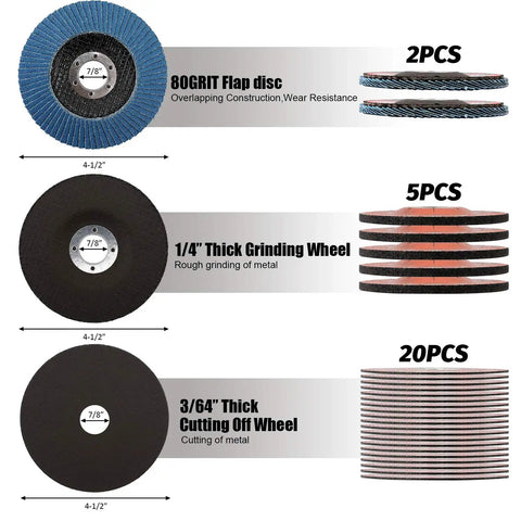 Diagram showing components of the 27 Piece Angle Grinder Wheel Set With 20 Cutting Wheels, 5 Grinding Wheels And 2 Flap Discs For Four Point Five Inch Grinders, Seven Eighths Inch Arbor, Ideal For Steel And Stainless Cutting And Grinding.