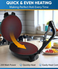 Starblue 10 Inch Electric Roti Maker With Non Stick Plates And Removable Handle Plus Free Roti Warmer automatic chapati machine open showing heating surface.