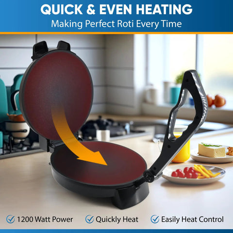 Starblue 10 Inch Electric Roti Maker With Non Stick Plates And Removable Handle Plus Free Roti Warmer automatic chapati machine open showing heating surface.