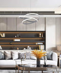 Modern LED Ring Pendant Light Fixture For Dining Rooms And Kitchen Islands in living room setting with bookshelves