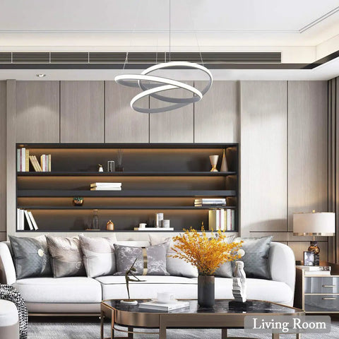 Modern LED Ring Pendant Light Fixture For Dining Rooms And Kitchen Islands in living room setting with bookshelves