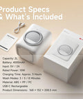 Product specs of Slim Portable Mini Washer That Crushes Small Loads Without The Hassle A Real Game Changer For Dorm Life and Weekend Trips With Snappy USB C Charge.