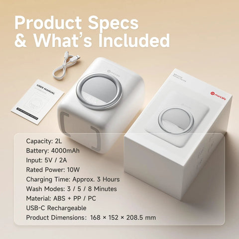 Product specs of Slim Portable Mini Washer That Crushes Small Loads Without The Hassle A Real Game Changer For Dorm Life and Weekend Trips With Snappy USB C Charge.