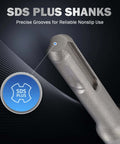 SDS Plus chisel with shank, metal gray steel for masonry; close-up view