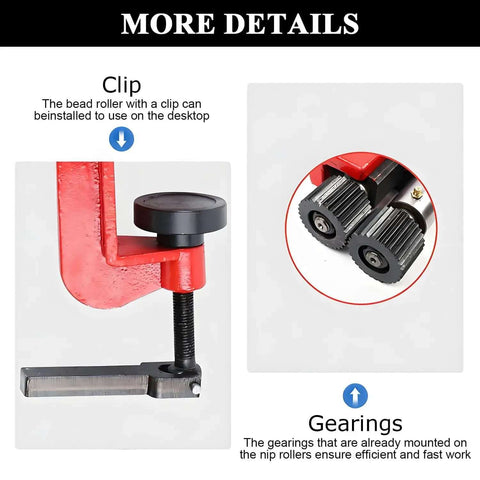 Close-up of 22 Gauge Sheet Metal Rotary Bead Roller with clip and gearings, part of manual beading tool for metal fabrication.