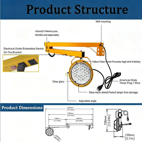 Rugged Dockside LED Work Light 30W With Rotating Head, IP65 Waterproof, Clear Glass Lens, Fully Sealed Housing, 5500 Lumens, 45-Inch Foldable Arm, Ideal For Docks, Containers And Yard Jobs. Product structure diagram showing wall mount and dimensions