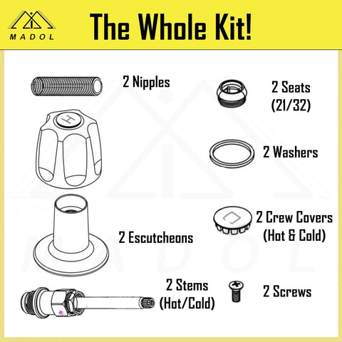 Illustration of Faucet Trim Kit Compatible With Popular Tub And Bath Fixtures showing components like nipples, seats, and handles.