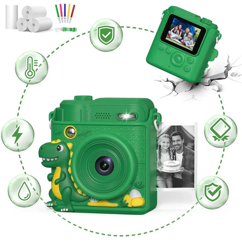 Kids Camera With Instant Print For Fun Snaps, Epic Birthday Gift For Ages 4 To 10, For Girls And Boys, Safe Durable Toy With Easy Paper Prints And Kid Friendly Design, green dinosaur case, front view