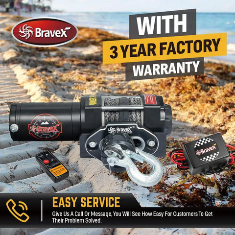 Beefed Up 3500lb Capacity 12V DC Electric Synthetic Rope Winch Kit with control box and wireless remote on sandy beach