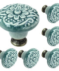 Six Pack Green Ceramic Kitchen Cabinet Knobs With Two Screw Sizes And Included Mini Screwdriver For Easy Installation, 34mm Diameter And 30mm Height, Durable Modern Hardware For Cabinets Or Drawers, green ceramic floral knobs