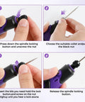 Steps for using Tough As Nails Multi Speed Mini Electric Angle Grinder With 82 Piece Bit Set, showing bit installation process.
