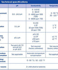 Technical specifications for Combo Meter for PH, Temperature and Conductivity in Water with Easy Calibration displayed in table format