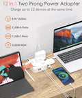 Universal 2 Prong To 3 Prong Outlet Adapter With 5 Foot Cord For Older Home Wiring on a table, powering multiple devices.