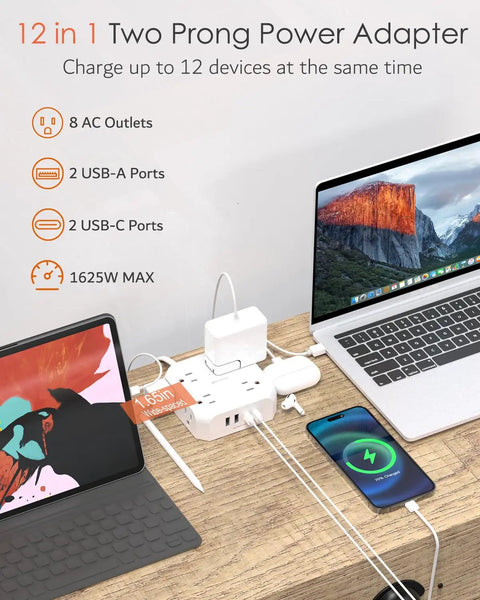 Universal 2 Prong To 3 Prong Outlet Adapter With 5 Foot Cord For Older Home Wiring on a table, powering multiple devices.
