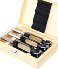 Badass Wood Plug Cutter Set For Pocket Holes And Dowel Pins Featuring Sturdy Hex Handles, contained in a wooden case.
