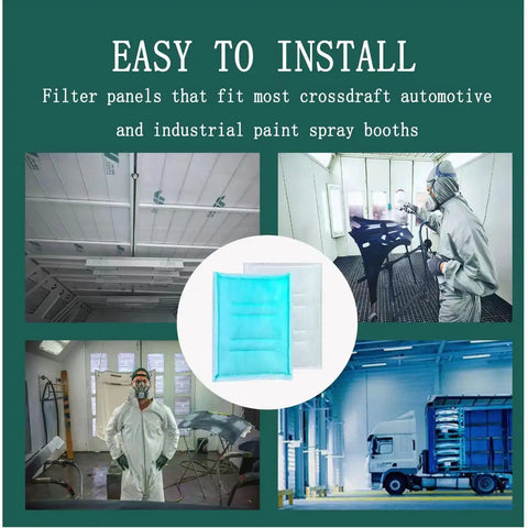 Tacky Intake Filter Pad Series 55 for Paint Booths, 24 by 24 Inches, shown with installation and application examples