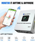 Off Grid Solar System Kit With 12x195W N Type Bifacial Mono Panels 2340W Total 5kW 120/240V Inverter And 51.2V 100Ah LiFePO4 Battery Storage Rack, showing app monitoring on smartphone next to solar off-grid inverter.