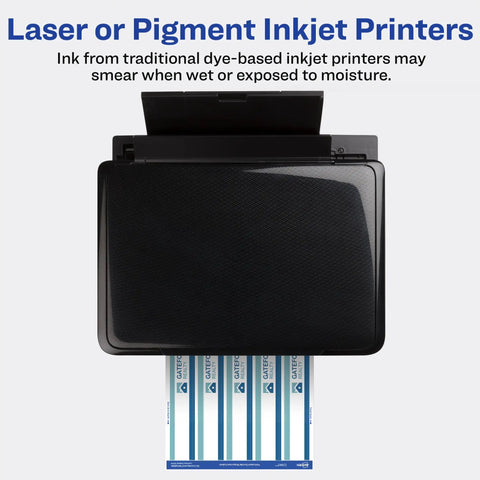 Slick Waterproof Wraparound Rectangle Labels Matte White 1-1/4 X 9-3/4 Inches being printed on an inkjet printer.