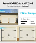 Before and after of garage with Magnetic Decorative Garage Door Hardware Kit for Two Cars, 12 Pieces, Faux Hinges and Handles, Black.