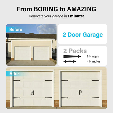 Before and after of garage with Magnetic Decorative Garage Door Hardware Kit for Two Cars, 12 Pieces, Faux Hinges and Handles, Black.