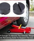 Heavy Duty Rubber Jack Pad With Anti Slip Rail Adapter Universal Car Lift Support Block Protects Undercarriage Jack Points Durable Wear Resistant Ideal For Most Cars Like Honda Toyota Nissan Hyundai Mazda And More, shown in use with a car jack