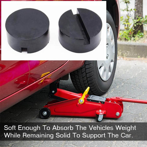 Heavy Duty Rubber Jack Pad With Anti Slip Rail Adapter Universal Car Lift Support Block Protects Undercarriage Jack Points Durable Wear Resistant Ideal For Most Cars Like Honda Toyota Nissan Hyundai Mazda And More, shown in use with a car jack