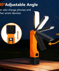 All In One Rechargeable Work Light With Dual COB Flood And LED Spotlight showing 180° adjustable angle on wooden surface
