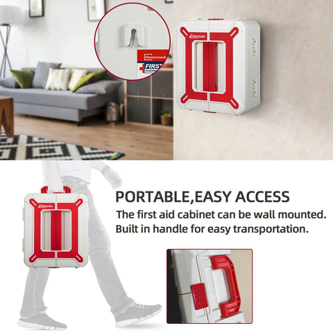 White plastic wall-mounted first aid cabinet with red accents and built-in handle; 408-piece kit.