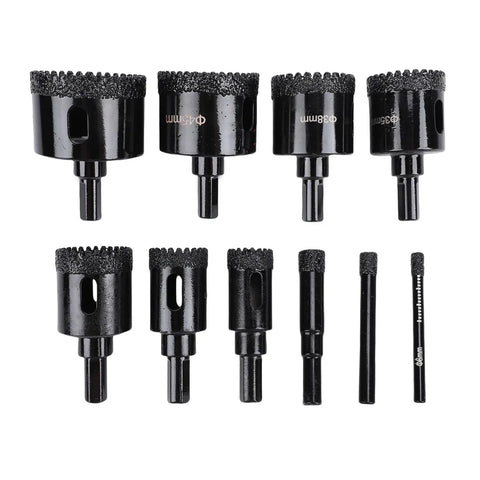 Jiawu Heavy Duty Serrated Hole Saw Kit For Tough Ceramic Glass Tile Marble Gypsum. Brazed Carbon Steel With Thick Carborundum Coating Makes These Power Drill Bits Totally Sick For Fast Boring And Heavy DIY Projects That Need Real Durability And Serious. 10-piece hole saw set, 6mm to 50mm, black coated steel