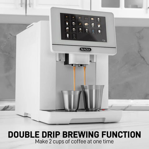 No Hassle Super Automatic Espresso Maker With Built In Grinder And Creamy Milk Frother, 19 Killer Drink Options Like Lattes And Cappuccinos, Self Cleaning Top Shelf Coffee Machine For Chill Mornings making two cups of coffee.