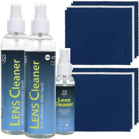 Amazon Lens Cleaner spray kit for eyeglasses and electronics with 3 bottles and 10 blue microfiber cloths.