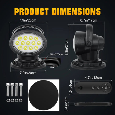 Dimensions of 360 Degree LED Spotlight With Remote Control Rotating Work Light With Magnetic Base for SUV Boat Home Security