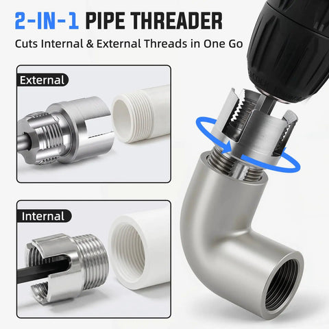 All In One Internal And External Pipe Threading Kit For One Half Inch Three Quarter Inch And One Inch PVC Pipes Heavy Duty Alloy Steel Electric Drill Compatible Includes Storage Case For Plumbing And Home Repair showing internal threading