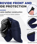 Two Pack Welding Helmet Cover And Bib Set With Press Fit Neck Seal, Flame Retardant Fabric, Navy Blue, side view on helmet