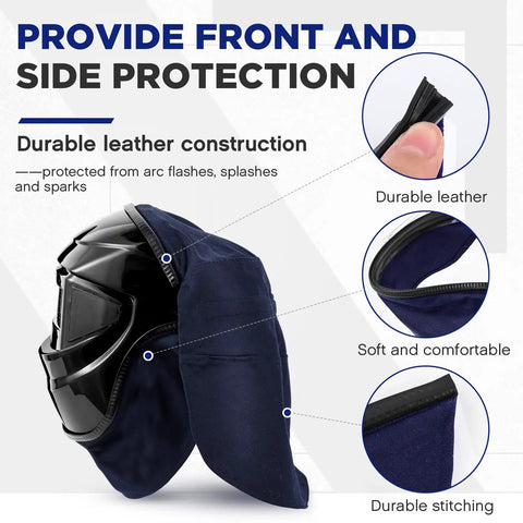 Two Pack Welding Helmet Cover And Bib Set With Press Fit Neck Seal, Flame Retardant Fabric, Navy Blue, side view on helmet
