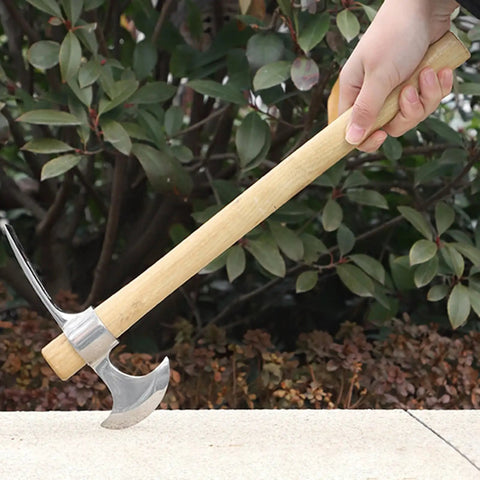 Heavy Duty Garden Pick Axe with Wooden Handle and Stainless Steel Mattock, shown with ergonomic grip for yard work.
