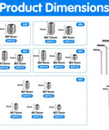 Product Dimensions chart for 510 Piece Set Screw Kit With M3 M4 M5 M6 M8 Stainless Steel Grub Screws Anti Rust And Corrosion Resistant Hex Socket Hardware For Doors Cabinets Furniture And DIY Projects Easy Install And Long Lasting, with sizes and Allen keys