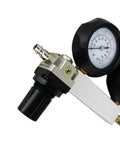 HFS cylinder leak detector test kit with dual pressure gauges, metal body and black adjustment knob