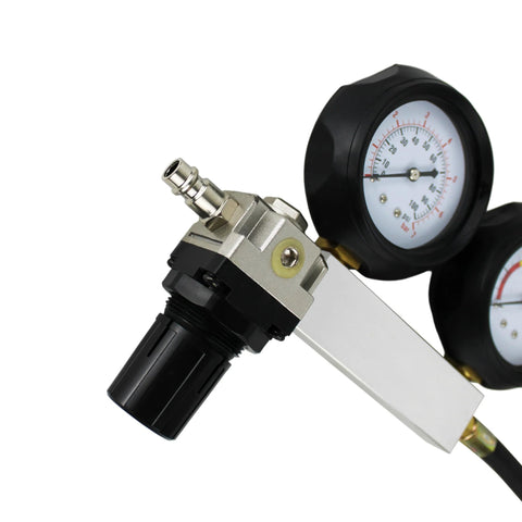 HFS cylinder leak detector test kit with dual pressure gauges, metal body and black adjustment knob