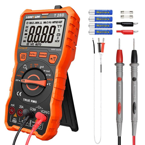 Auto Ranging Digital Multimeter For DIYers With 6000 Counts For AC DC Voltage And Current Resistance Capacitance Diode Test NCV Duty Cycle And Type K Thermocouple Probe For Quick Home And Auto Electrical Fixes showing meter, probes, and accessories