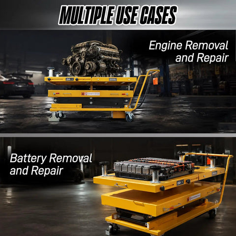 Heavy Hammer Electric Scissor Lift Platform Rated For 2600 Pounds Smooth Raise To 82.7 Inches With Remote Hydraulic System and Tilt Safety Lock for engine and battery removal.