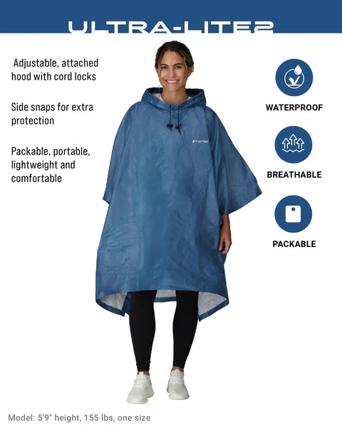 Woman wearing Ultra Lite 2 Reusable Waterproof Breathable Poncho For Everyday Rain Gear Dope Lightweight Non Woven Polypropylene PFAS Free Seam Taped Construction